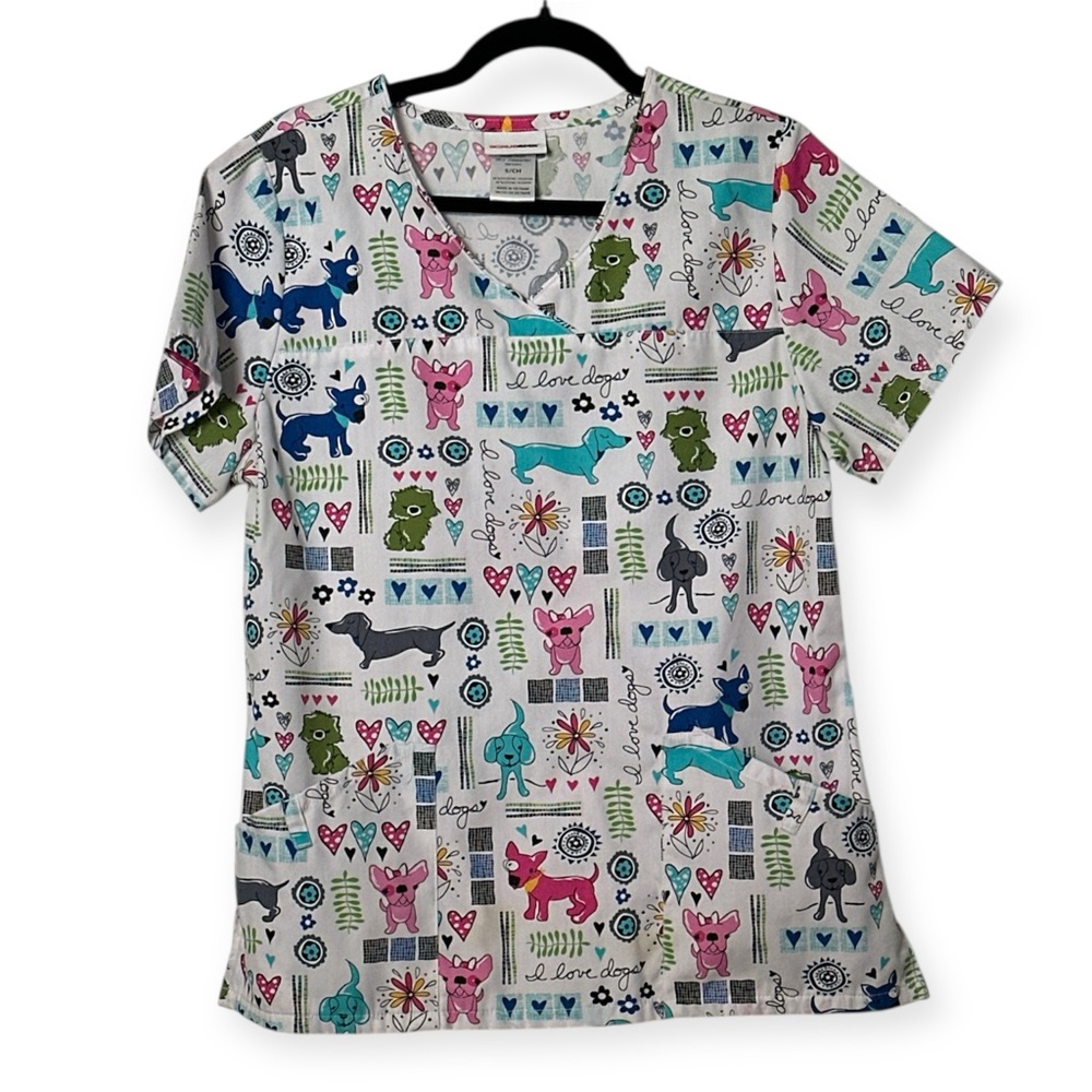 SCRUBSTAR - Colorful Dog Print Women's Short Sleeve Scrub Top